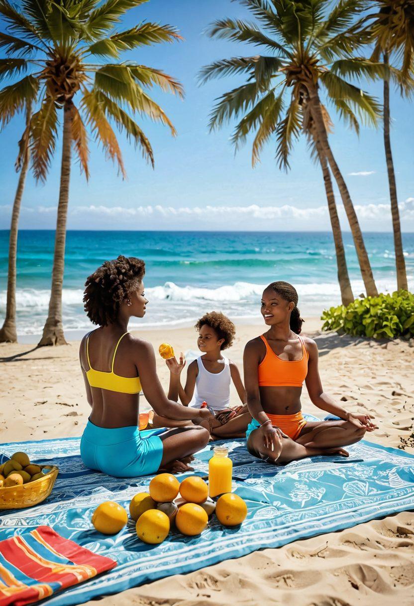 A serene beach scene featuring a diverse family enjoying a day by the ocean, with a focus on vibrant beachwear. Include elements of health and wellness such as yoga mats, fresh fruits, and essential oils scattered on a picnic blanket. In the background, gentle waves lap at the shore under a bright sun, with palm trees swaying gently. Enhance the image with cheerful colors to evoke a sense of joy and well-being. super-realistic. vibrant colors. tropical vibe.